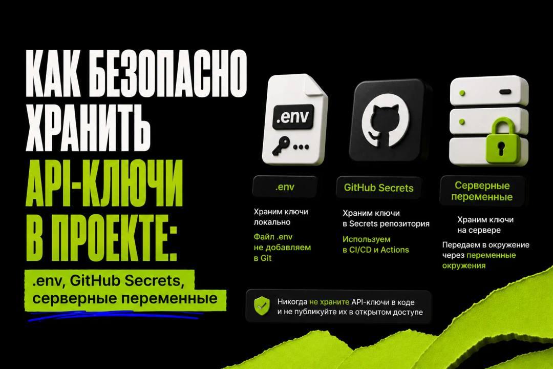 How to safely store API keys in a project: .env, GitHub Secrets, server variables - обложка