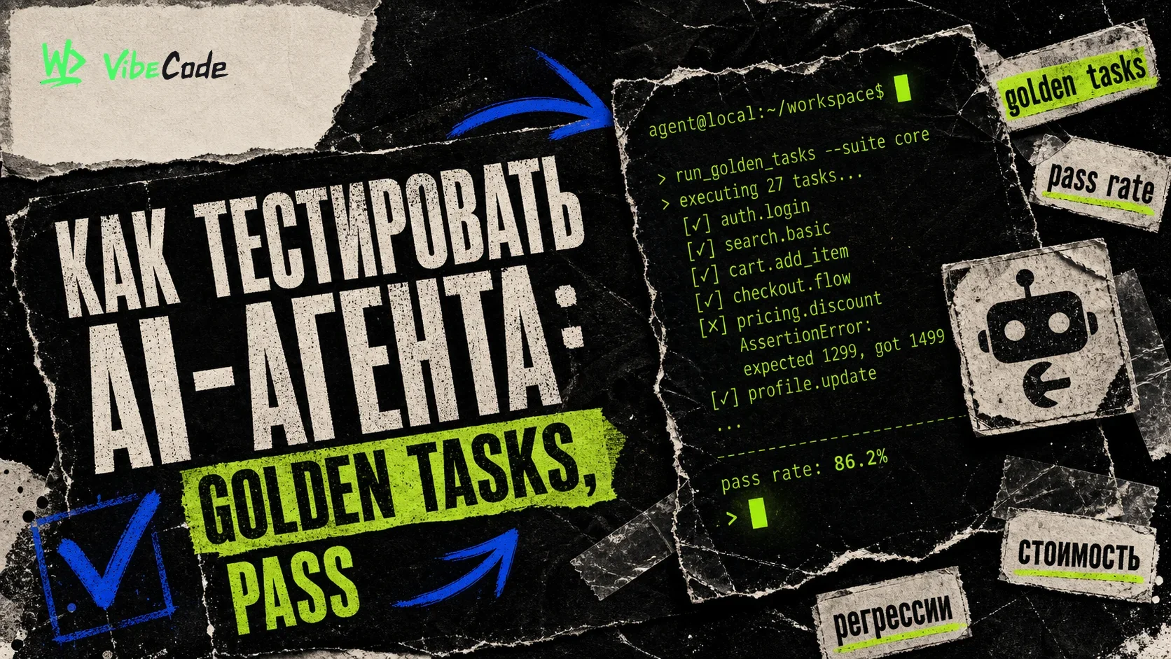Как тестировать AI-агента: golden tasks, pass rate, стоимость и регрессии — обложка